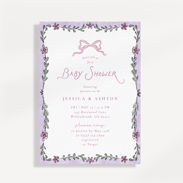 Whimsical lila blomsterram Baby Shower  Inbjudningar (Skapare uppladdad)