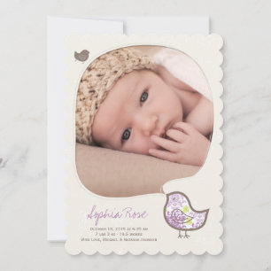 Whimsical Lila Damast Chick Baby Flicka Foto Födel Meddelande