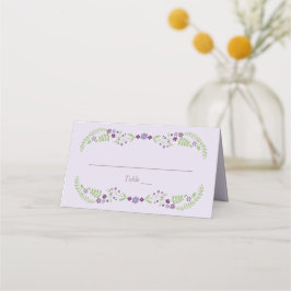 Whimsical lila grön blomsterkrans bröllop placeringskort