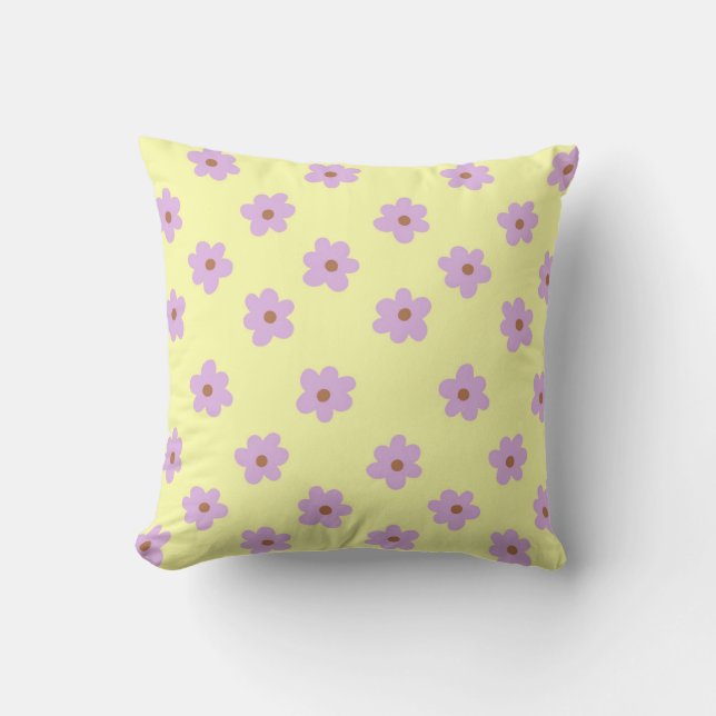 Whimsical Lila & Gult Blommigt Retro, Cheerful, Kudde (Framsida)