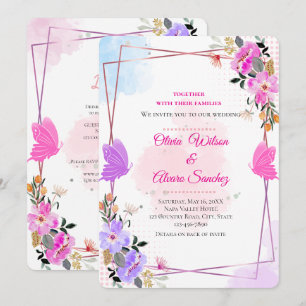Whimsical lila rosa floral roséguld bröllopsinbjud inbjudningar