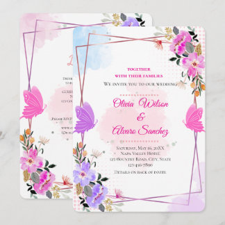 Whimsical lila rosa floral roséguld bröllopsinbjud inbjudningar