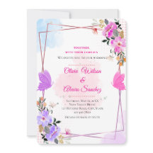 Whimsical lila rosa floral roséguld bröllopsinbjud