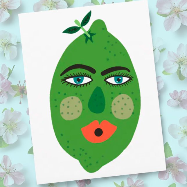 Whimsical Lime Postkort Vykort (Funny whimsical lime fruit with a face. Customize with your own text)