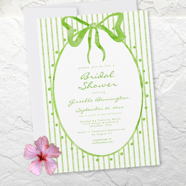 Whimsical Lime Vattenfärg Bow Stripe Bröllopsdusch Inbjudningar (Whimsical Lime Watercolor Bow Stripe Bridal Shower Invitation)
