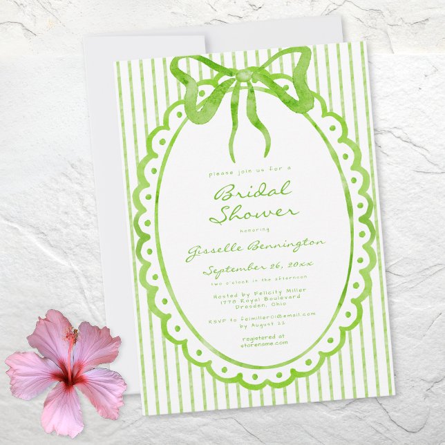 Whimsical Lime Vattenfärg Bow Stripe Bröllopsdusch Inbjudningar (Whimsical Lime Watercolor Bow Stripe Bridal Shower Invitation)