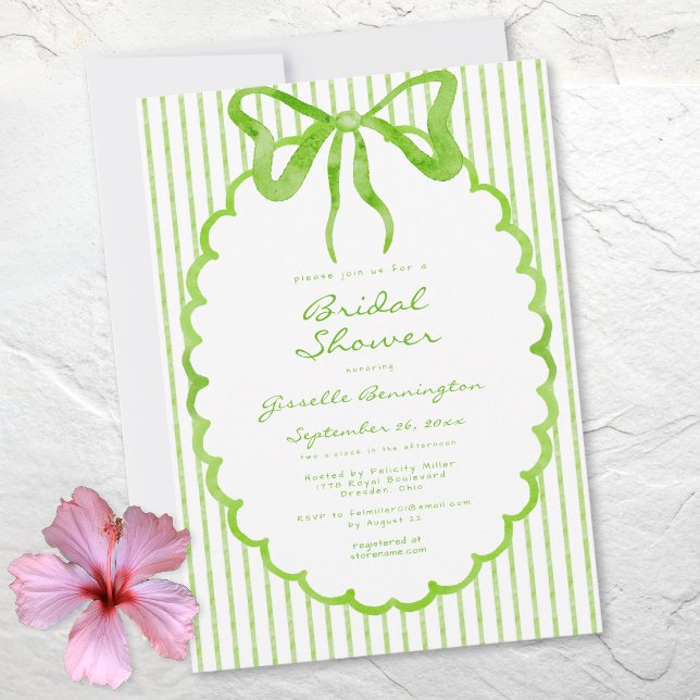 Whimsical Lime Vattenfärg Bow Stripe Bröllopsdusch Inbjudningar (Whimsical Lime Watercolor Bow Stripe Bridal Shower Invitation)