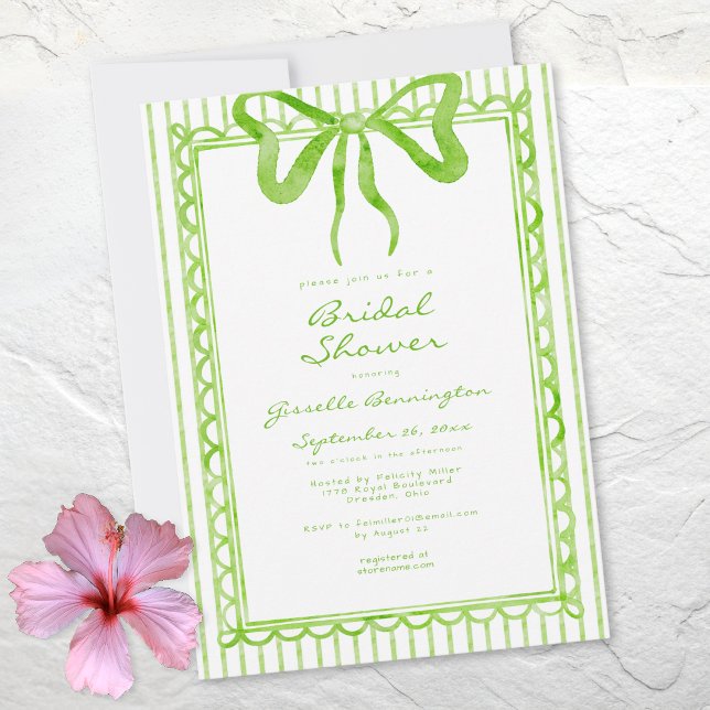 Whimsical Lime Watercolor Bow Stripe Bridal Shower Inbjudningar (Whimsical Lime Watercolor Bow Stripe Bridal Shower Invitation)