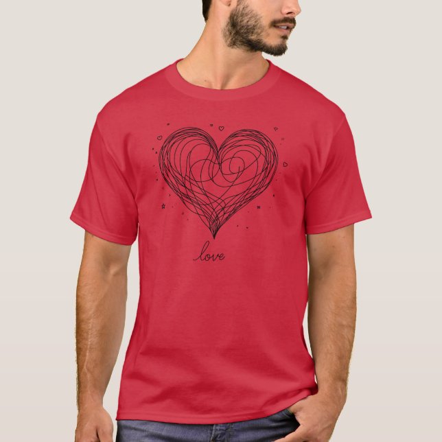 Whimsical Line Art Heart med "Kärlek" T Shirt (Framsida)