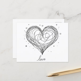 Whimsical Line Art Heart med "Kärlek" Vykort