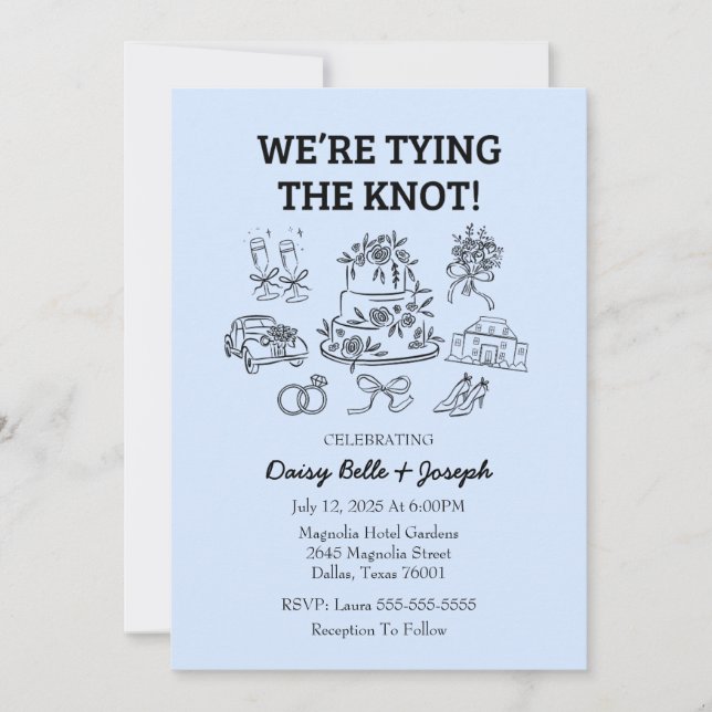 Whimsical Line Art Wedding Blue Invitation Inbjudningar (Framsida)
