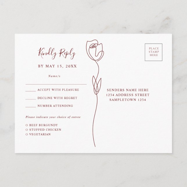 Whimsical Line Rose RSVP-kort Vykort (Baksida)