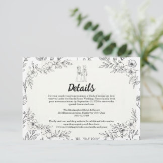 Whimsical Linje Konst Blommig Bröllopsdetaljkort Tilläggskort