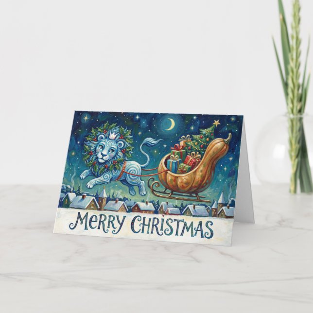 Whimsical Lion Pulling Sleigh Christmas Card Kort (Framsida)