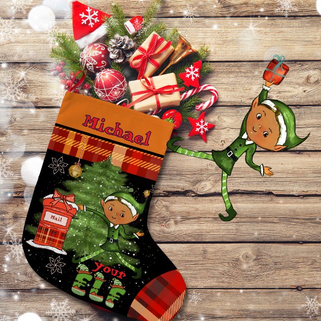 Whimsical Little Elf Boy Christmas Kids Stocking Stor Julstrumpa (Whimsical Little Elf Boy Christmas Kids Stocking)