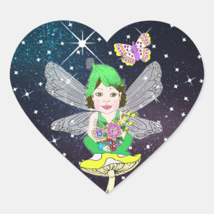 Whimsical Little Elf Fairy, Mushroom and Butterfly Hjärtformat Klistermärke