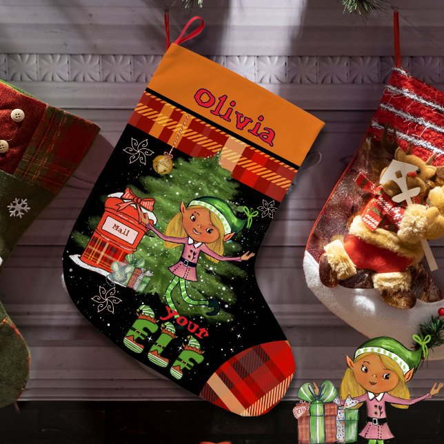 Whimsical Little Elf Flicka Barn Jul Strumpa  (Whimsical Little Elf Girl Kids Christmas Stocking )