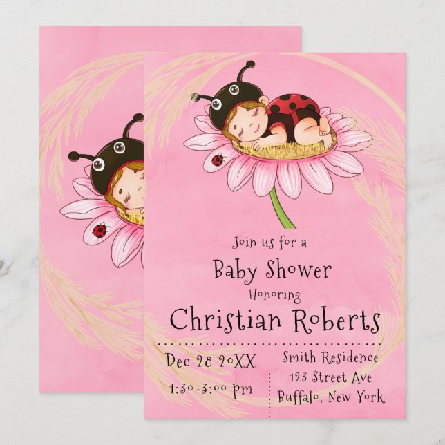 Whimsical Little Ladybug Baby Shower-inbjudningar Inbjudningar (Fram/baksida)