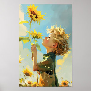 Whimsical Little Prince Luktar Solrosor Tecknad Fi Poster