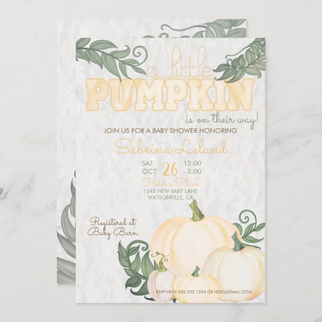 Whimsical Little Pumpkin Gult Baby Shower Inbjudningar (Fram/baksida)