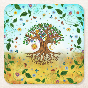 Whimsical Livets träd - Yggdrasil Underlägg Papper Kvadrat