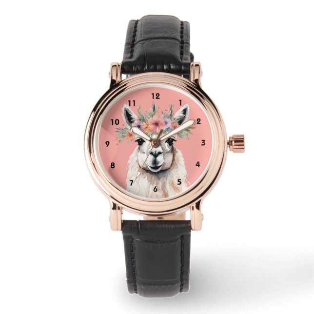 Whimsical Llama Blommig Zen Gård Rosa Armbandsur (Framsida)