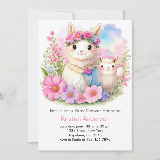 Whimsical Llama Girl Baby Shower Inbjudningar (Framsida)