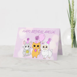 Whimsical Llama, Kitten och Mouse Girl's Birthday Kort
