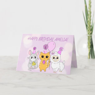 Whimsical Llama, Kitten och Mouse Girl's Birthday Kort