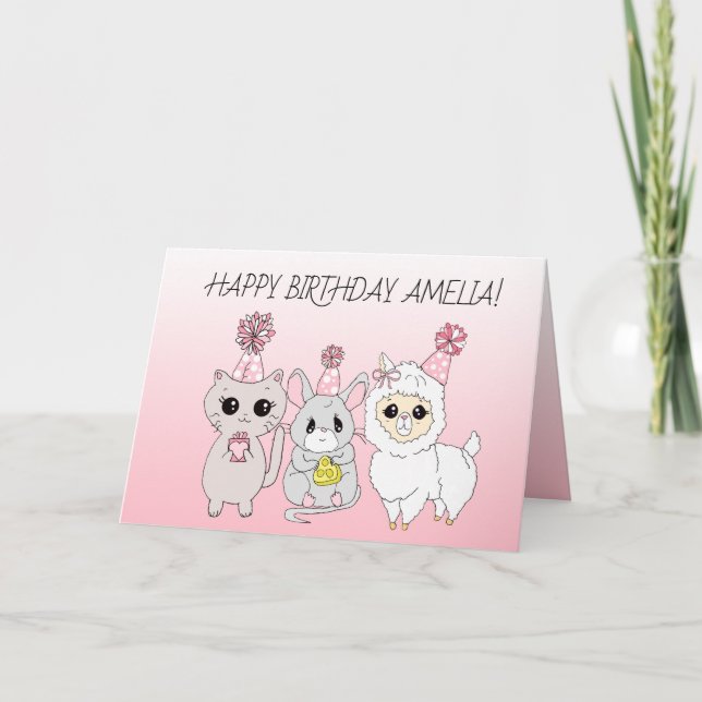 Whimsical Llama, Kitten och Mouse Girl's Birthday Kort (Framsida)