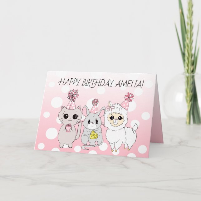 Whimsical Llama, Kitten och Mouse Girl's Birthday Kort (Framsida)