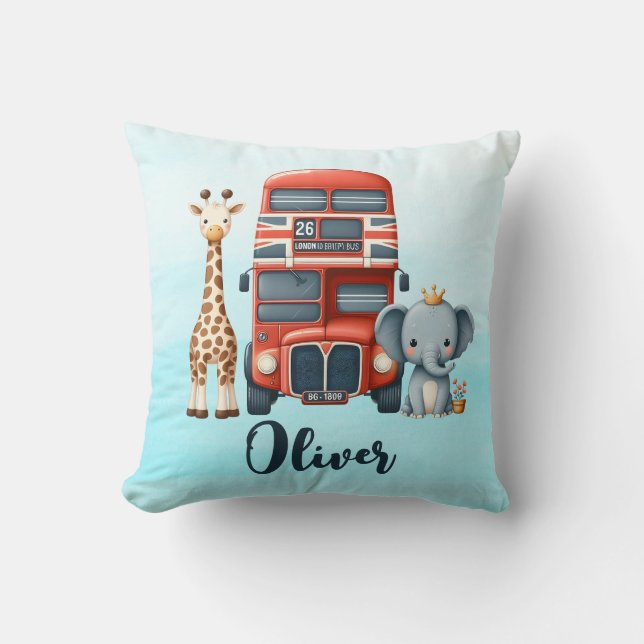 Whimsical London-buss med giraff och elefant Kudde (Framsida)