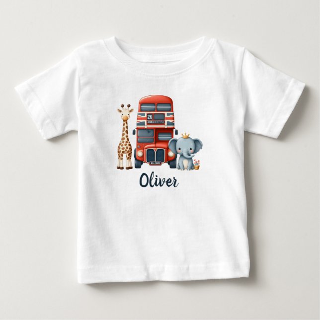 Whimsical London Buss med Giraffe & Elephant T Shirt (Framsida)