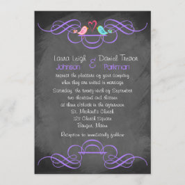 Whimsical Love birds, Chalkboard Bröllop - Lila Inbjudningar