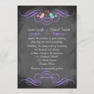 Whimsical Love birds, Chalkboard Bröllop - Lila Inbjudningar