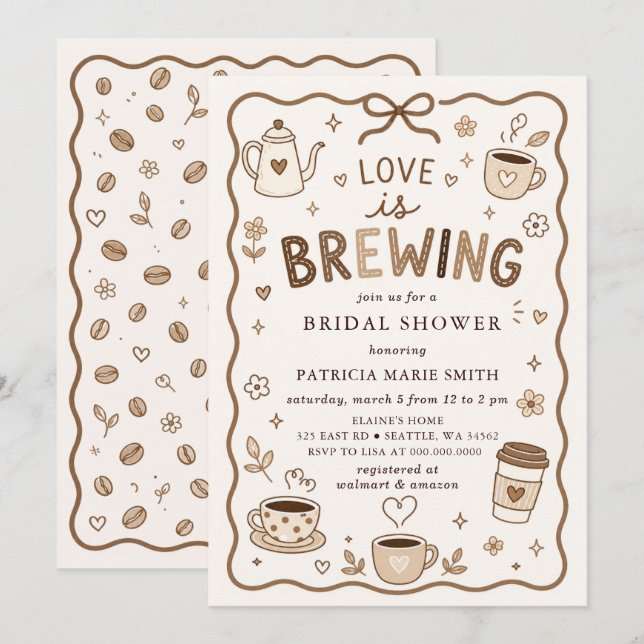 Whimsical Love is Brewing Kaffe Bröllopsdusch Inbjudningar (Fram/baksida)