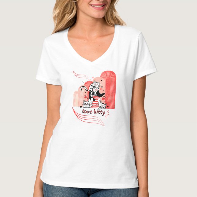 Whimsical "Love Kitty" Klottergrafik  T Shirt (Framsida)