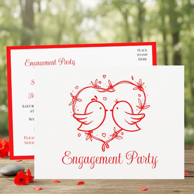 Whimsical Lovebirds Boho Red Heart Bridal Shower Inbjudan Vykort (Skapare uppladdad)