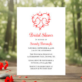 Whimsical Lovebirds Boho Red Heart Bridal Shower Inbjudningar
