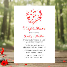 Whimsical Lovebirds Boho Red Heart Bridal Shower Inbjudningar