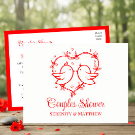 Whimsical Lovebirds Boho Red Heart Couples Shower Inbjudan Vykort