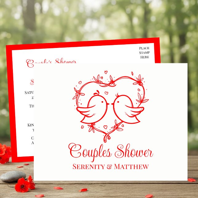 Whimsical Lovebirds Boho Red Heart Couples Shower Inbjudan Vykort (Skapare uppladdad)