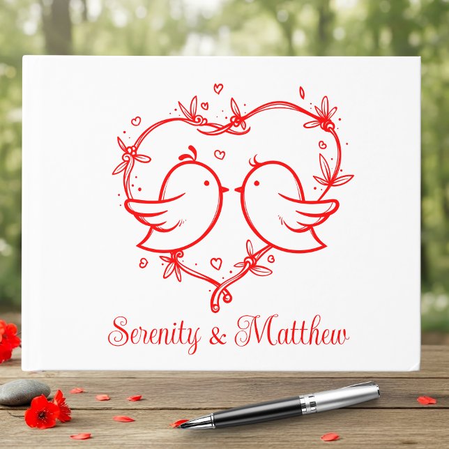 Whimsical Lovebirds Boho Red Love Heart Wedding Gästböcker (Skapare uppladdad)