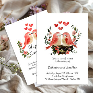 Whimsical Lovebirds Pink Hearts Wedding | Inbjudningar