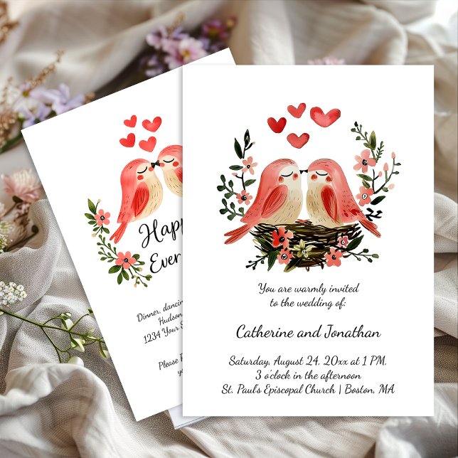Whimsical Lovebirds Rosa Hjärtan Bröllop | Inbjudningar (Skapare uppladdad)