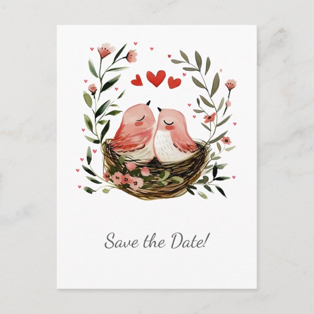 Whimsical Lovebirds Save The Date | Meddelande Vykort (Framsida)