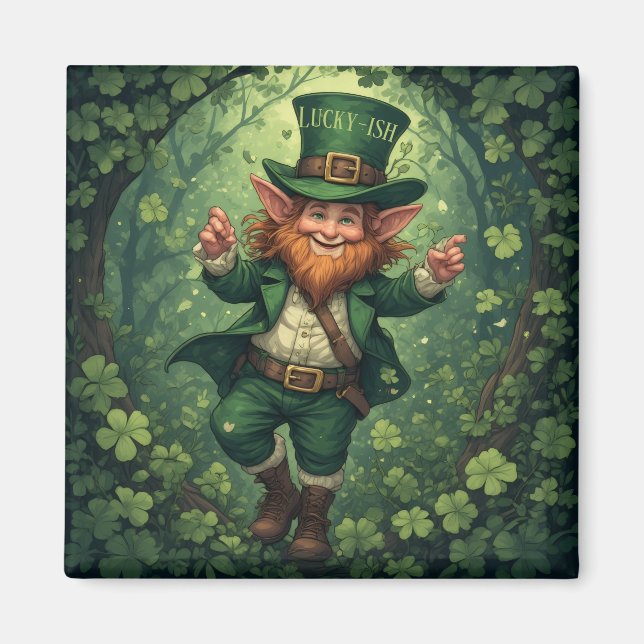 Whimsical Lucky-ish Leprechaun Frodig Skogsbarnkam Magnet (Framsidan)