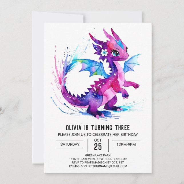 Whimsical Magic Dragon Digital Girl Birthday Inbjudningar (Framsida)