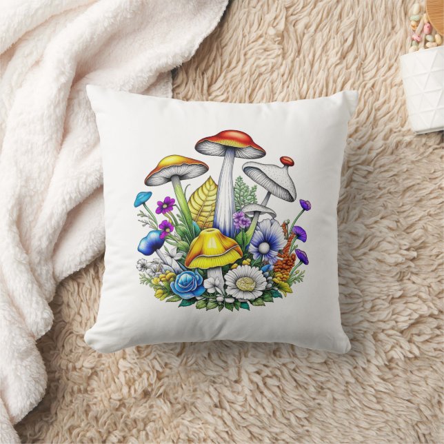 Whimsical Magiska Svampar och Blommor Kudde (Filt)