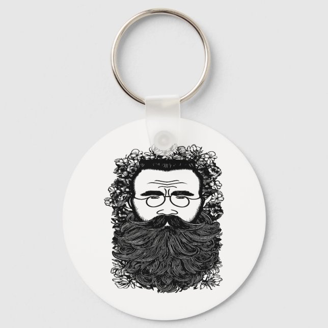 Whimsical Man Beard Mustache Flowers Art Nyckelring (Framsida)